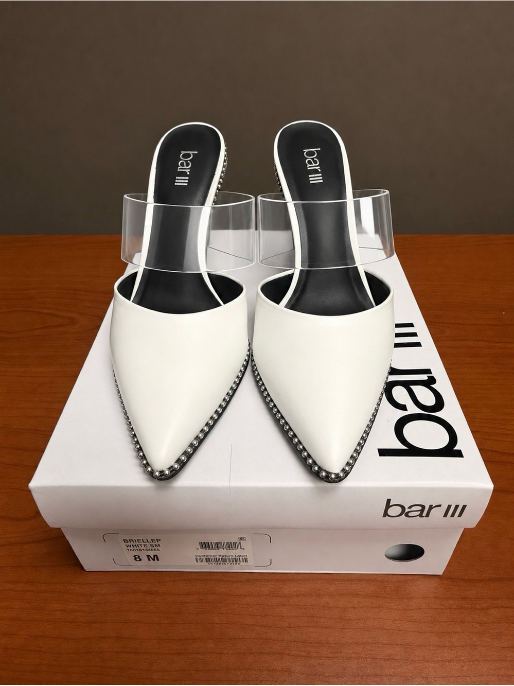 NIB Bar III Brielle White Studded Clear Strap Mule Heels Size 8
